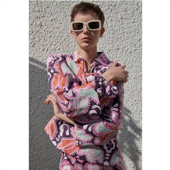 Zara‎ Linen Paisley Top Long Sleeve Boho Cover Up Floral Retro Spring Pink - Picture 1 of 11